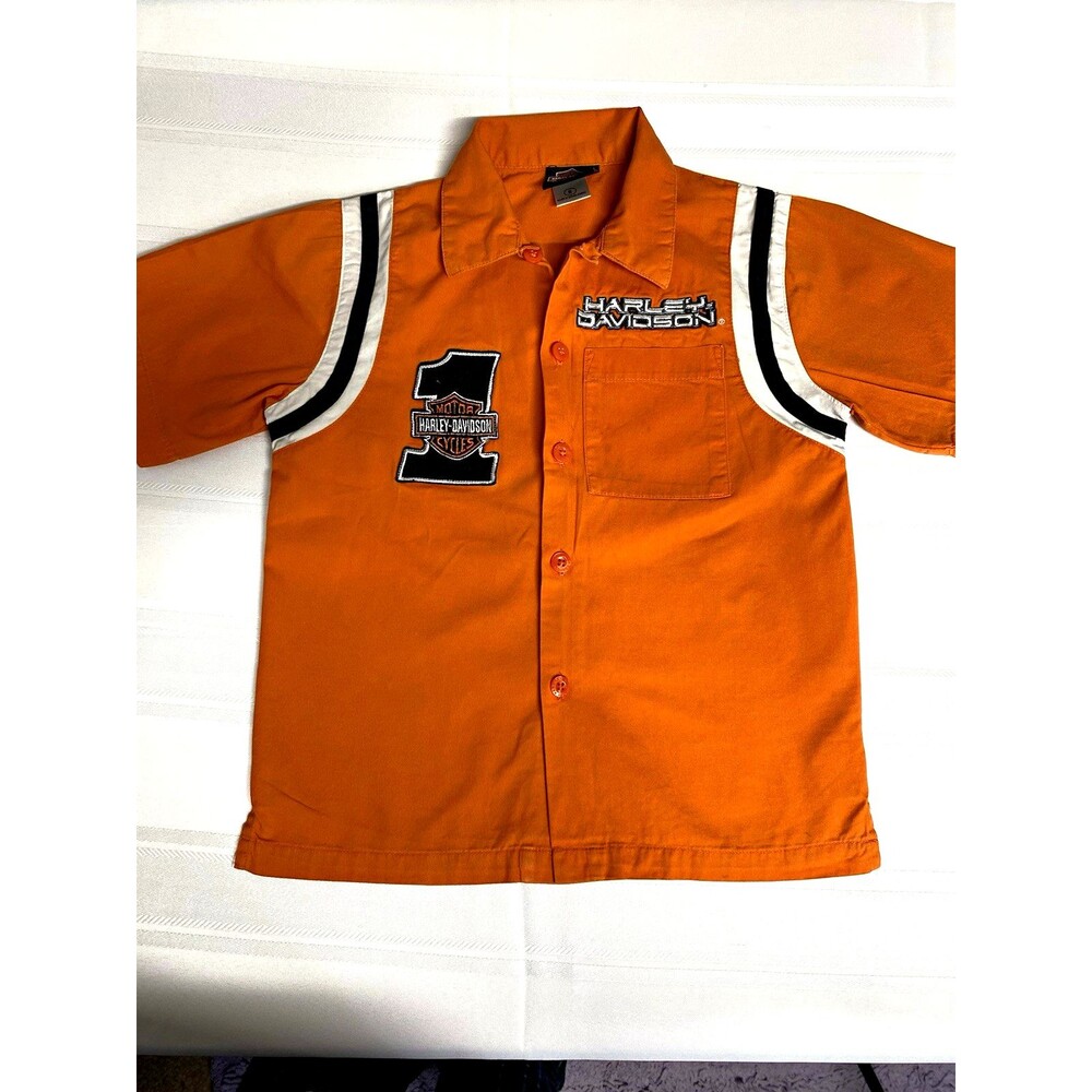 Harley-Davidson Orange Twill Button-Up Shirt Embroidered Logo Pockets Boys 6